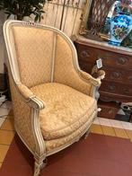 Antieke Franse fauteuil, gele stof, landelijke stoel, Ophalen