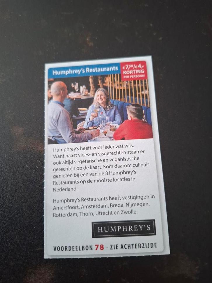 Humphrey's Restaurants € 7,50/€ 4 korting pp, Tickets en Kaartjes, Kortingen en Cadeaubonnen, Drie personen of meer, Overige typen