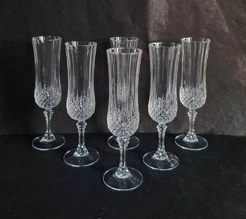 Cristal D'arques 6 kristallen champagne flutes. Longchamp., Verzamelen, Glas en Borrelglaasjes, Zo goed als nieuw, Overige typen