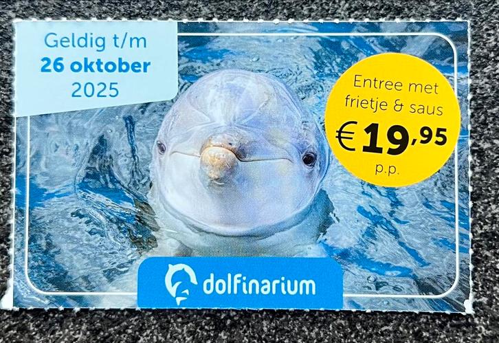 Korting Dolfinarium + frietje voor max 8 personen, Tickets en Kaartjes, Kortingen en Cadeaubonnen, Drie personen of meer, Overige typen