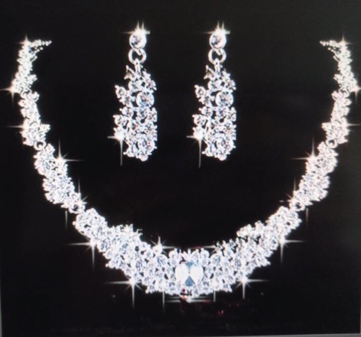 Zilveren ketting met veel strass en oorbellen., Sieraden, Tassen en Uiterlijk, Kettingen, Nieuw, Overige materialen, Zilver, Verzenden