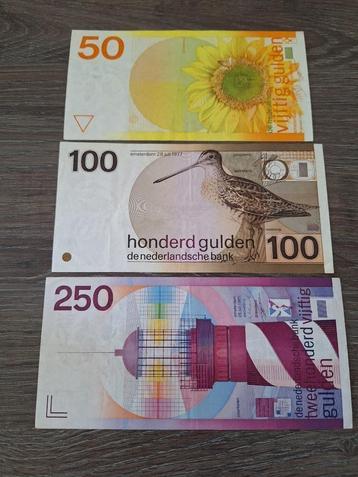 Setje nette biljetten 50, 100 en 250 gulden (1977 - 1985) beschikbaar voor biedingen