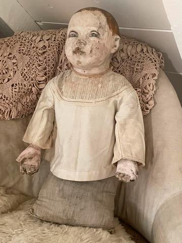 Antieke brocante pop papier mache rond 1880 beschikbaar voor biedingen