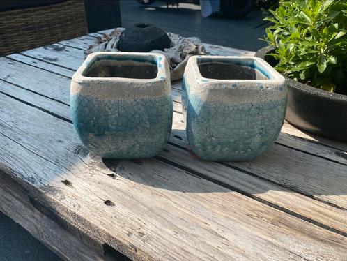 Blauwe aardewerken potten, Tuin en Terras, Bloempotten, Zo goed als nieuw, Aardewerk, Binnen, Balkon, Tuin, Minder dan 40 cm, Minder dan 25 cm
