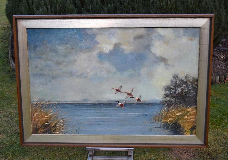 Jo Schrijnder , opvliegende eenden in de winter op paneel., Antiek en Kunst, Kunst | Schilderijen | Klassiek, Ophalen