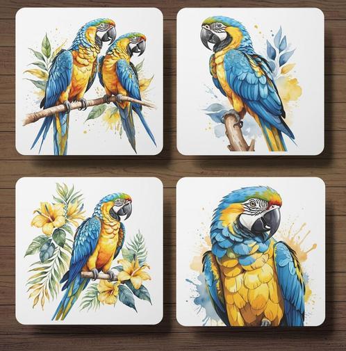 Blauwegele Ara onderzetters met houder, Huis en Inrichting, Woonaccessoires | Onderzetters, Nieuw, Glas of Kopje, Ophalen of Verzenden