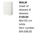 Malm ladekast, 6 lades, wit, Huis en Inrichting, Kasten | Ladekasten, Ophalen, Gebruikt, 5 laden of meer, 100 tot 150 cm
