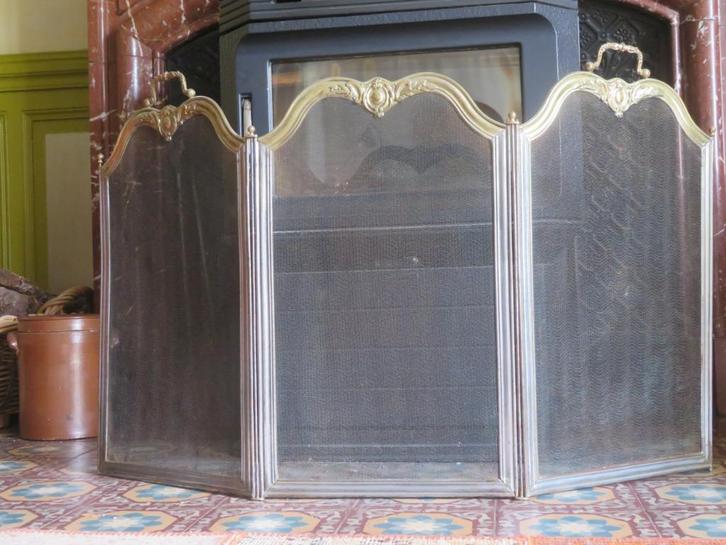 Oud Frans messing haardscherm 3-delig met gaas, Huis en Inrichting, Haarden, Zo goed als nieuw, Overige soorten, Ophalen of Verzenden