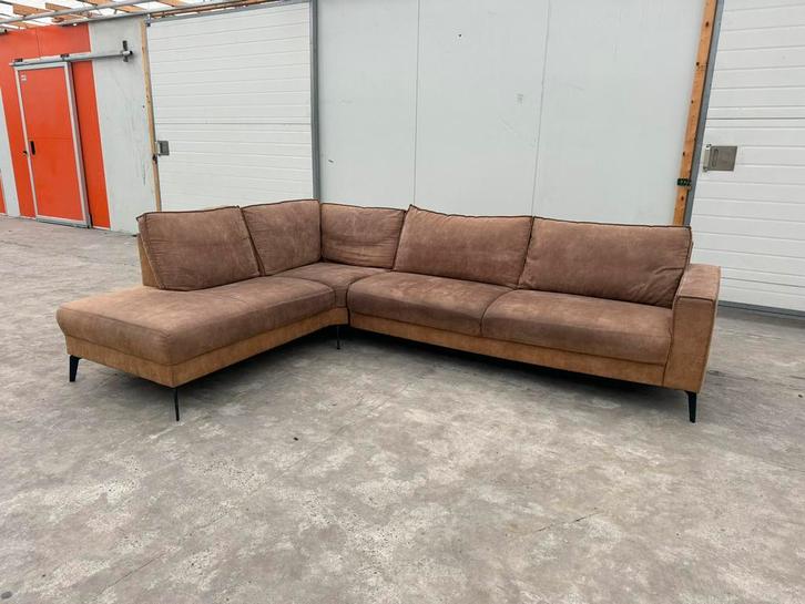 Cognac Loungebank | Suède Leder | Gereinigd | Bezorgoptie, Huis en Inrichting, Banken | Bankstellen, Gebruikt, Hoekbank, Vierpersoons of meer