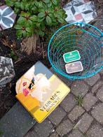 Draadmandje met blikken (Verkade en Barkleys), Verzamelen, Blikken, Ophalen of Verzenden, Gebruikt, Koek(jes), Verkade