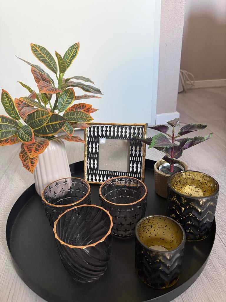 Decoratieset met dienblad, fotolijst en waxinelichthouders, Ophalen of Verzenden, Gebruikt, Zwart, Metaal