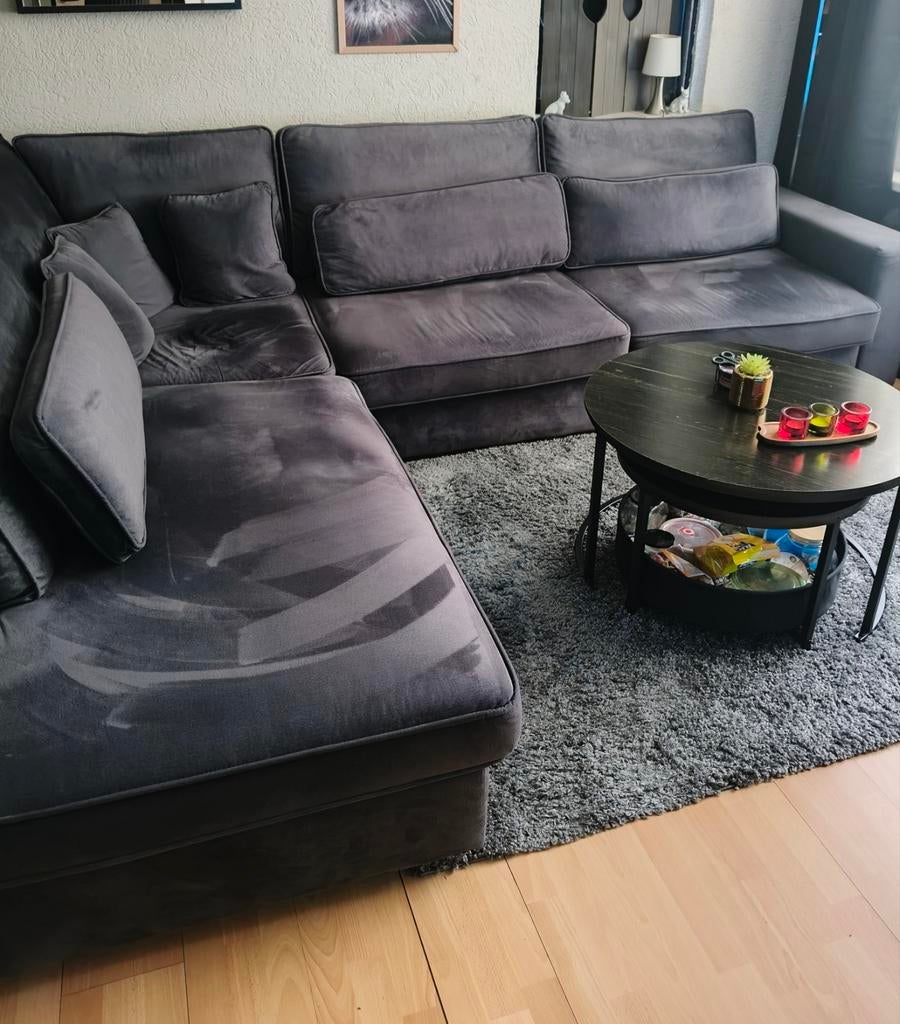 Donkergrijze velvet hoekbank, Huis en Inrichting, Banken | Bankstellen, Ophalen, Zo goed als nieuw, Vierpersoons of meer