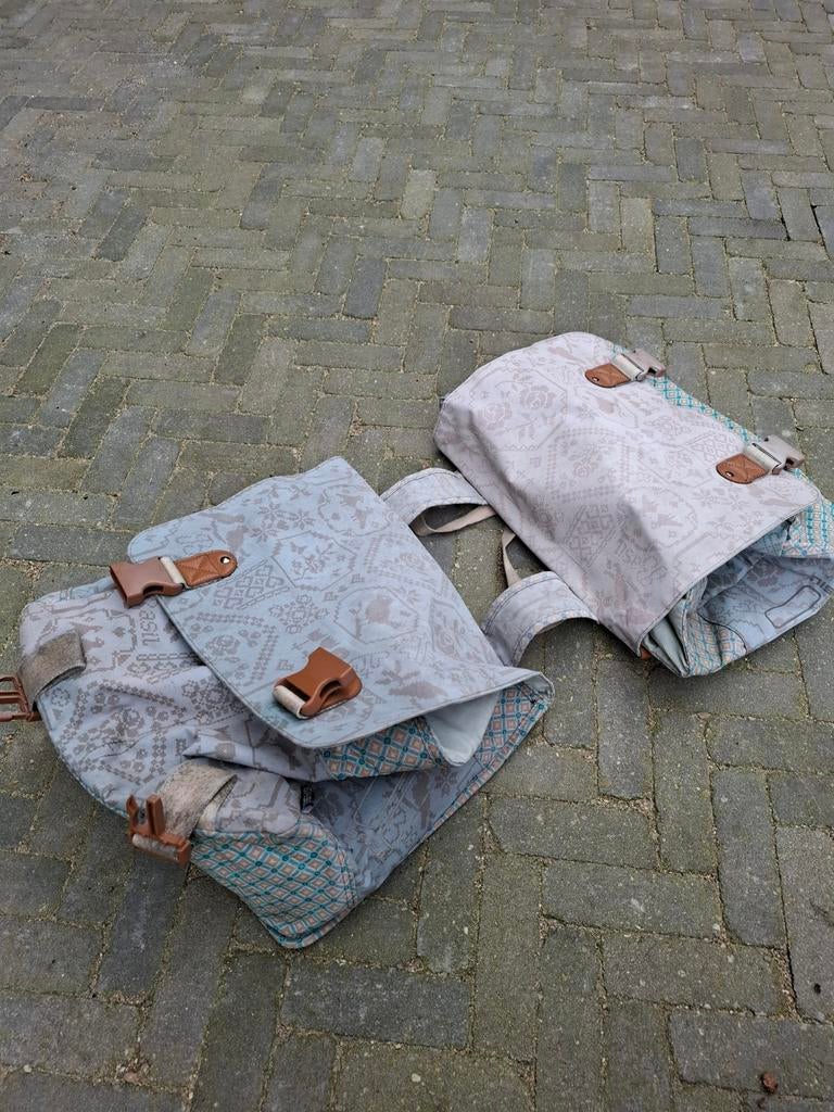 Basil fietstassen set, dubbel, lichtblauw/beige patroon, Ophalen of Verzenden, Gebruikt, Basil