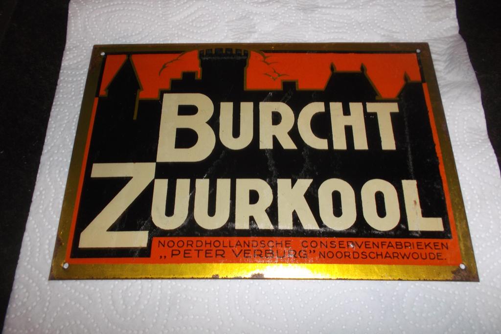 oud blikken rekl. bordje Burcht Zuurkool, Verzamelen, Ophalen of Verzenden, Gebruikt, Reclamebord