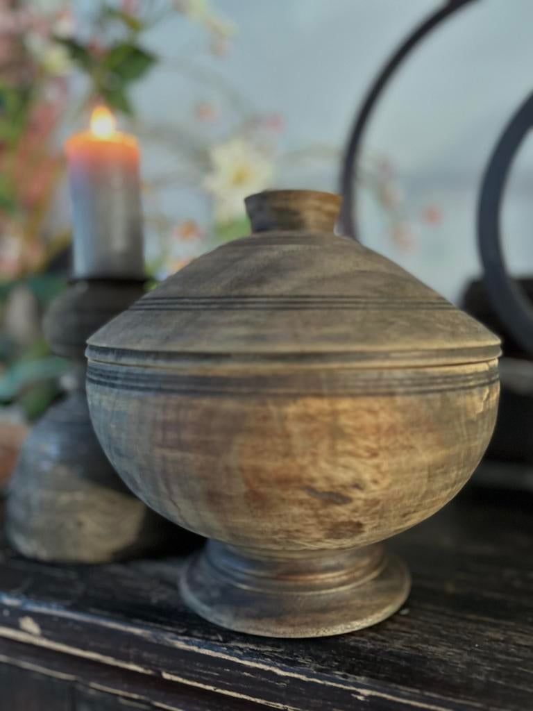 Houten pot met deksel India oosters sober sleets imperfect, Ophalen of Verzenden