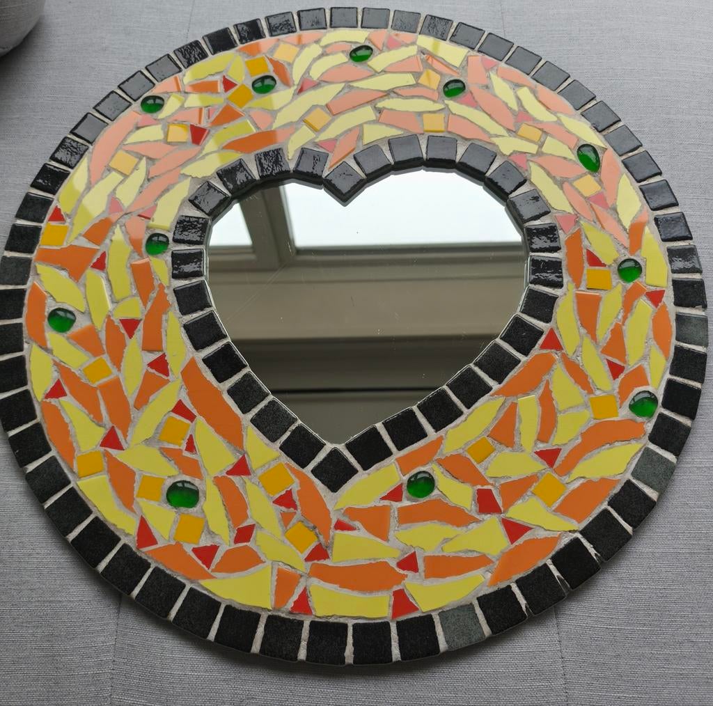 Mozaïek spiegel met hartvormige opening, 50cm, Huis en Inrichting, Woonaccessoires | Spiegels, Ophalen, Rond, 50 tot 75 cm, Minder dan 100 cm