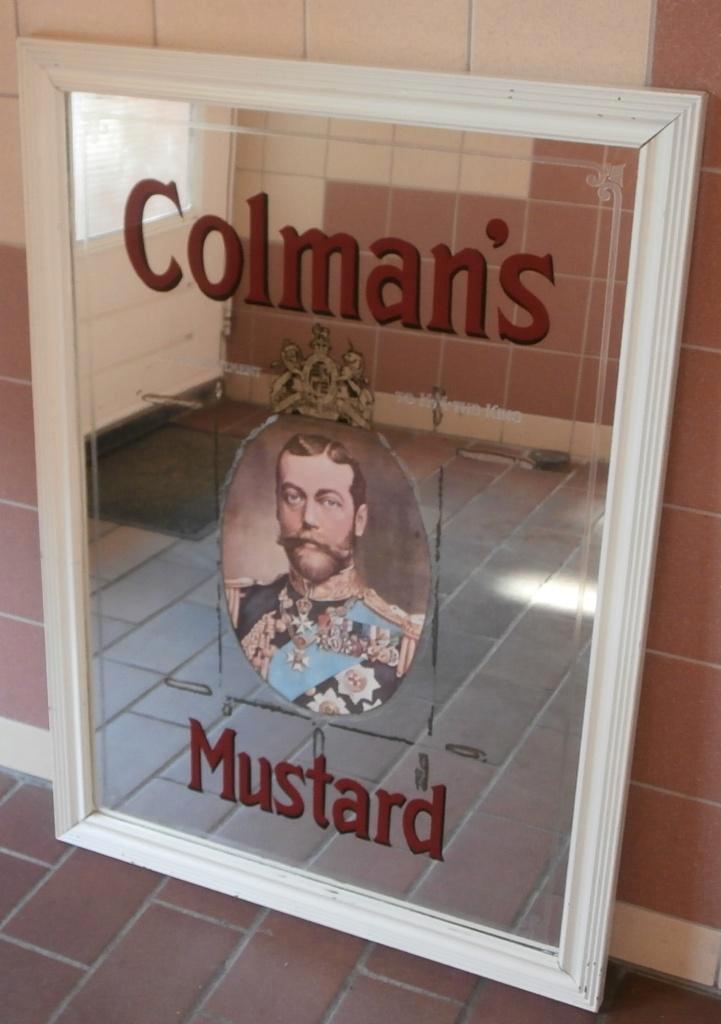 Grote spiegel Colman's Mustard barspiegel pubspiegel 90x63, Verzamelen, Merken en Reclamevoorwerpen, Gebruikt, Reclamebord, Ophalen