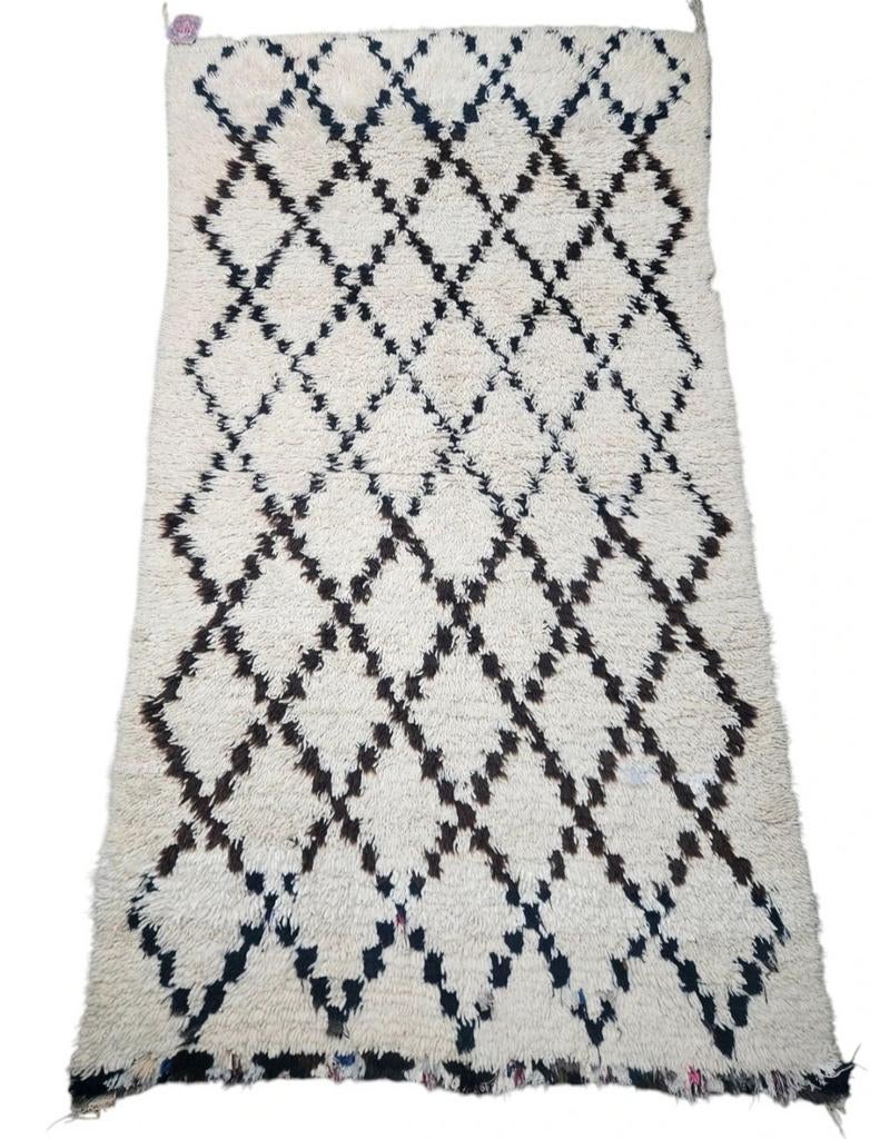 Handgemaakt wol Berber tapijt Beni Ourain ruiten 99x177cm, Gebruikt, Beni Ourain, Bohemien, Marokkaans, Vintage, Crème, Onbekend (Traditioneel Marokkaans handwerk)
