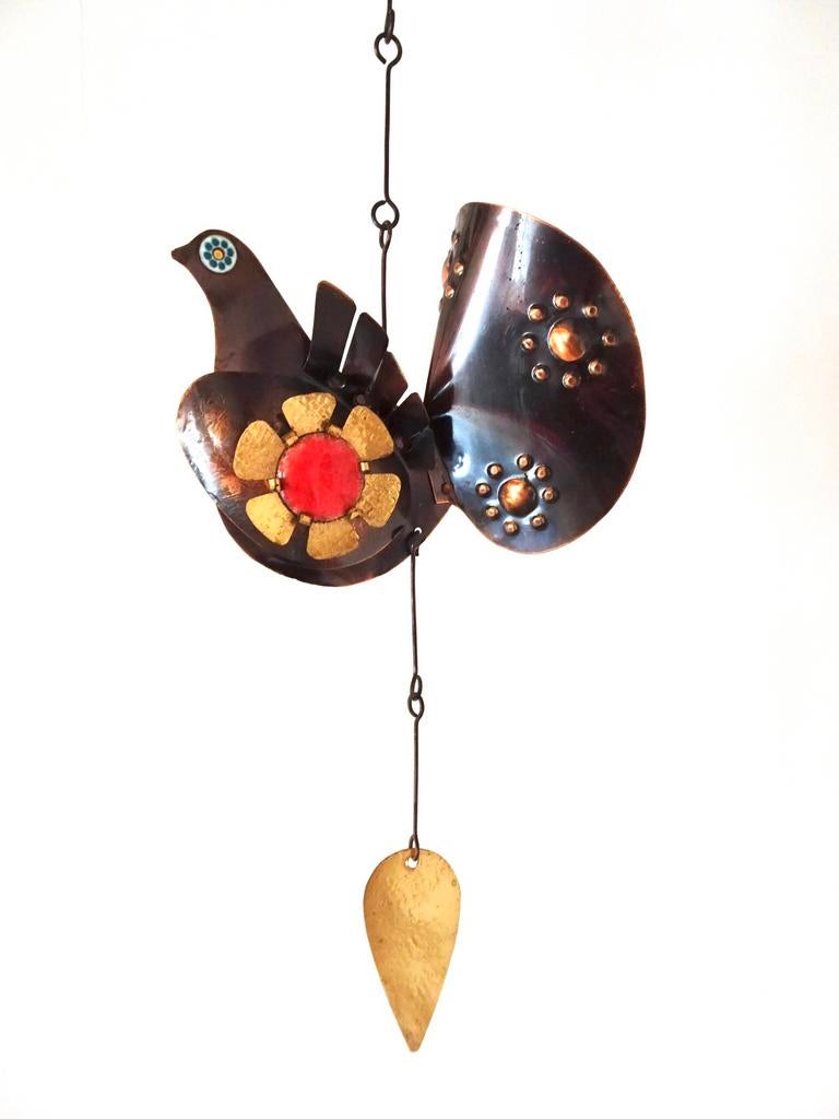 Vintage 60s vogel bloem mobile hanger raamhanger koper rood, Ophalen, Metaal, Gebruikt, Wandhanger