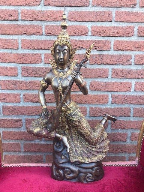 groot bronzen beeld, Thaise tempelmuzikante, Ophalen of Verzenden, Brons