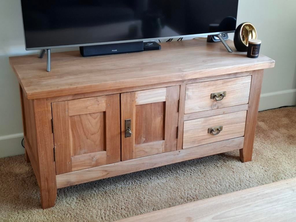 Teakhouten TV meubel 120x49x59 cm, Ophalen, 100 tot 150 cm, Zo goed als nieuw, Minder dan 100 cm