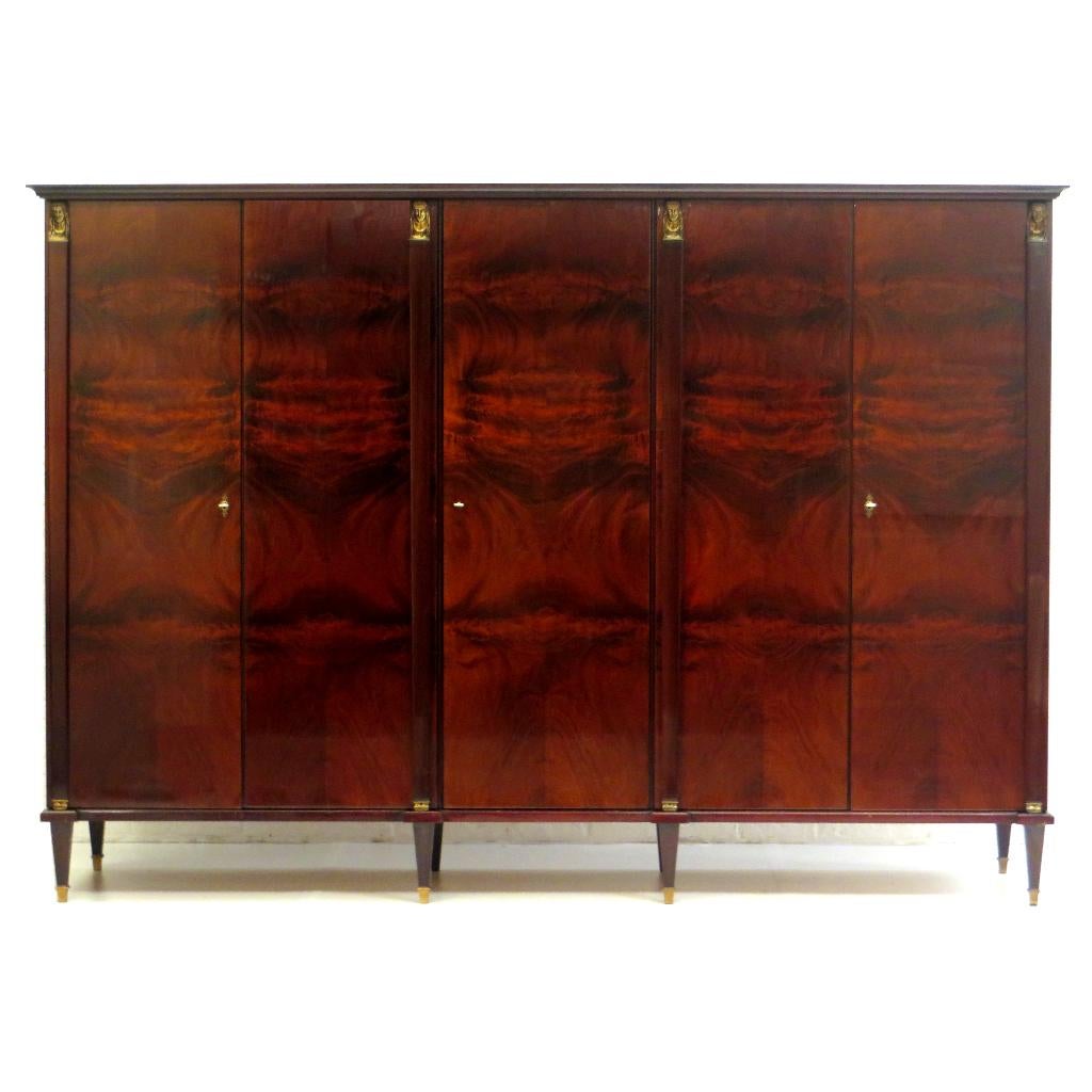 Grote vintage 5-deurs Art Deco kledingkast gevlamd mahonie, Glas, Ophalen of Verzenden, Zo goed als nieuw, 200 cm of meer