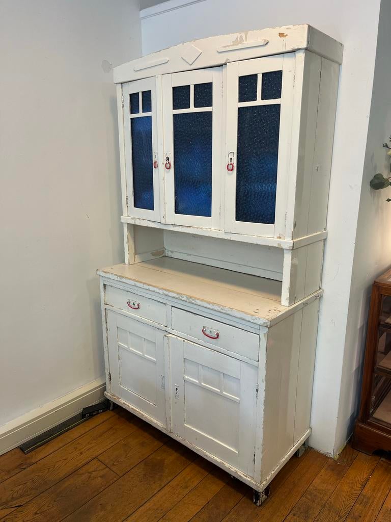 Vintage wandkast met glazen deuren en lades, Ophalen