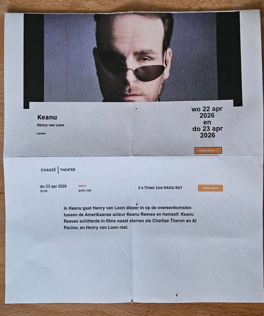 2 x Ticket Henry van Loon "Keanu" 1ste Rang 23 april Breda, Twee personen, April