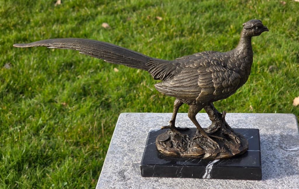 FAZANT / brons / marmeren voet / 32 cm breed, Tuin en Terras, Tuinbeelden, Dierenbeeld, Nieuw, Info@huisentuindecoratiemarie.nl