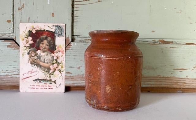 Antieke Franse geglazuurde pot confit pot midden bruin, Ophalen of Verzenden