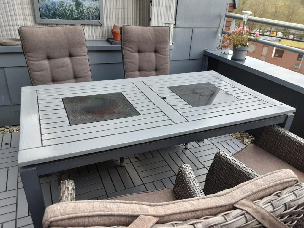 TUINSET MET 4 POLY RATTAN STOELEN MET KUSSENS, Ophalen, 4 zitplaatsen, Gebruikt, Hardhout