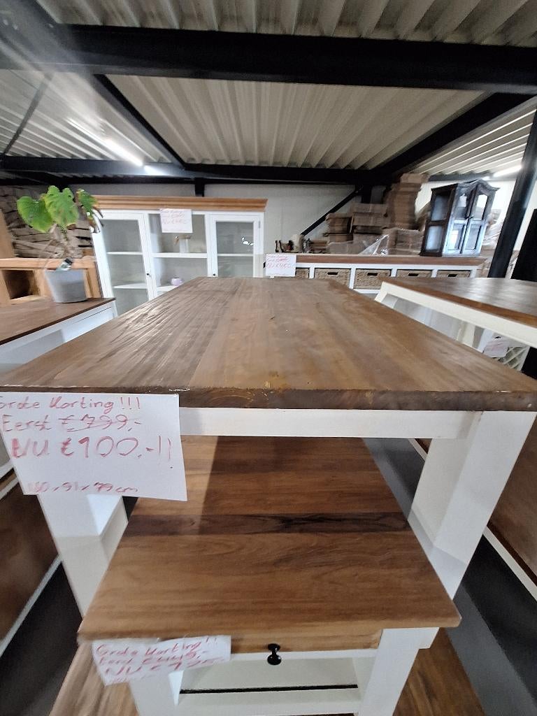 Grote massief teak houten tafel met wit onderstel, Ophalen, Landelijk/industrieel, Teakhout, 50 tot 100 cm