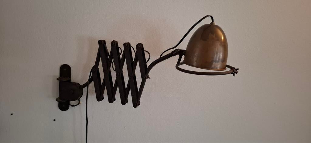 Koperen harmonica wandlamp met scharnier, draaibaar, Ophalen, Gebruikt, Metaal, Vintage, Industrieel, Klassiek