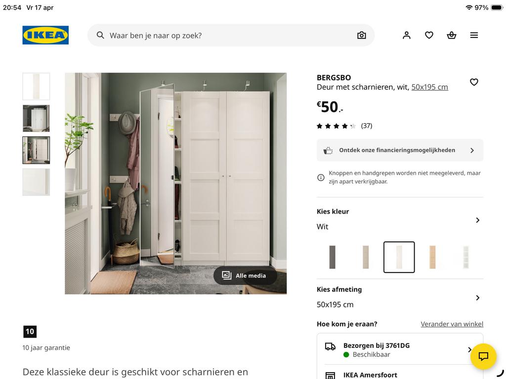Ikea Pax Bergsbo deur 50 x 195 wit, Ophalen, Overige materialen, Minder dan 50 cm, Gebruikt