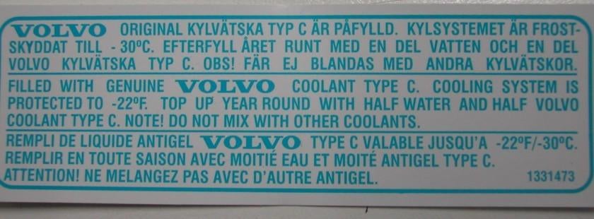 Sticker . Volvo 240 244 245 262c 264 265 tbv koelvloeistof., Ophalen of Verzenden, Nieuw