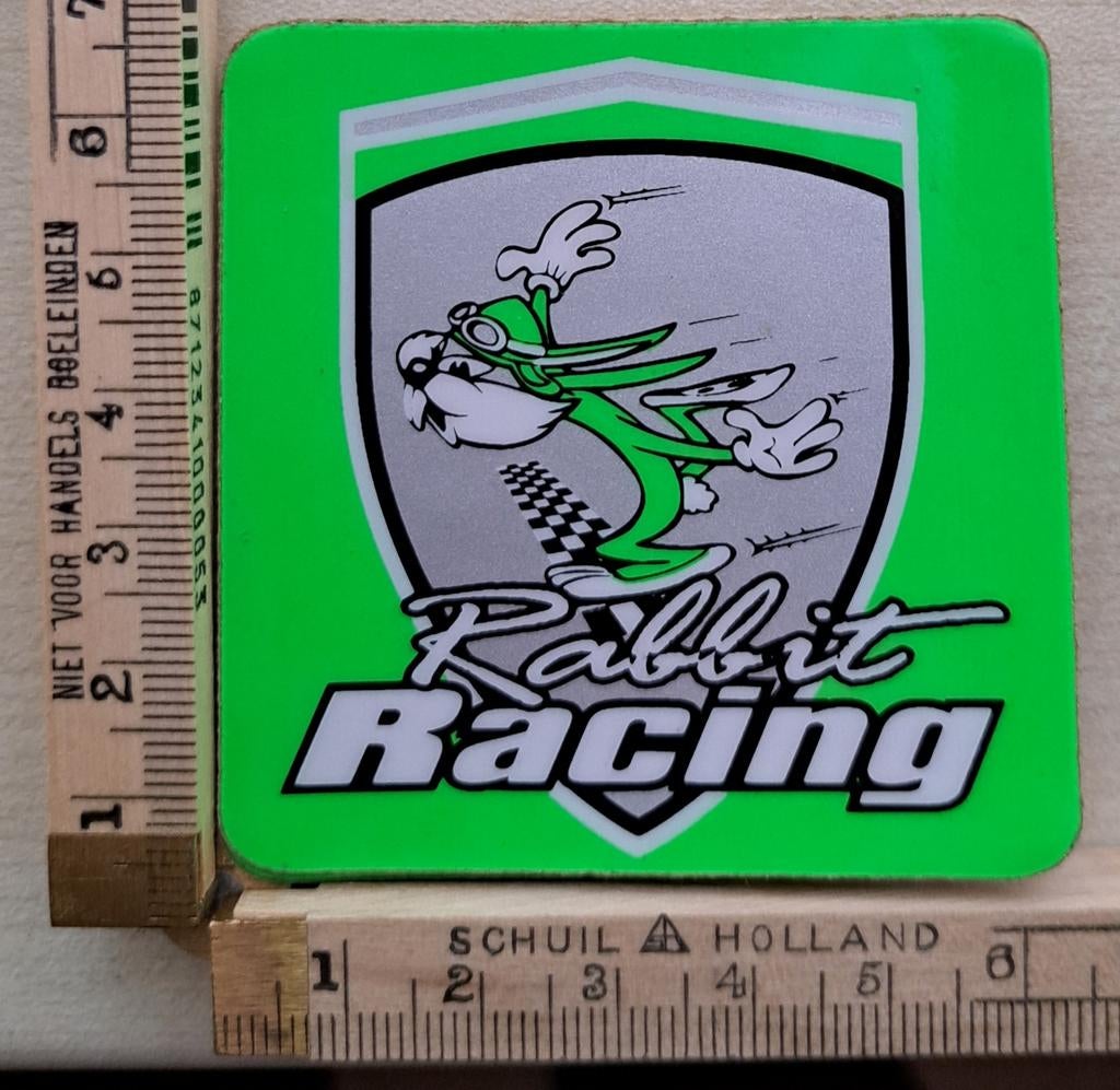 Sticker Rabbit Racing zilver strip cartoon finish vlag, Verzamelen, Ophalen of Verzenden, Zo goed als nieuw