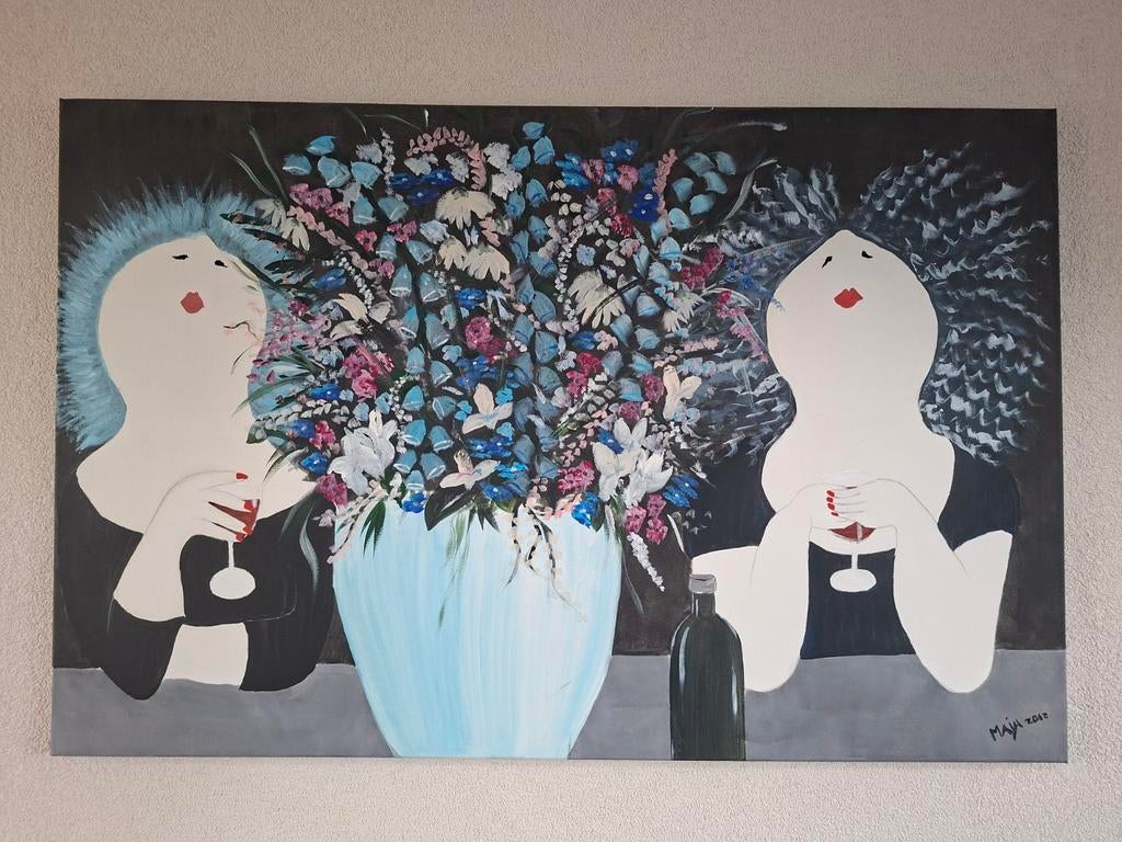 Olieverf schilderij 75X115 met twee dikke vrouwen en bloemen, Ophalen