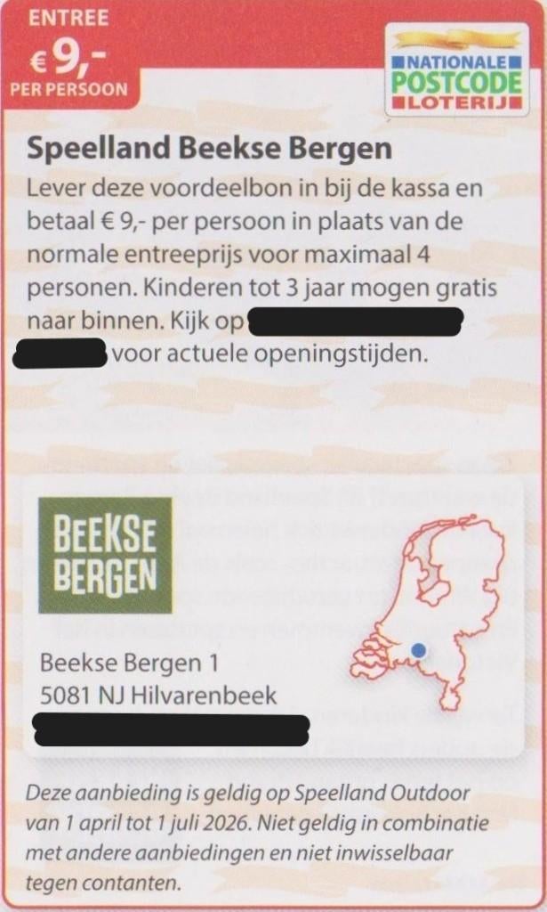 Speelland Beekse Bergen. Entree €9,- pp. Postcodeloterij bon, Drie personen of meer, Kortingskaart