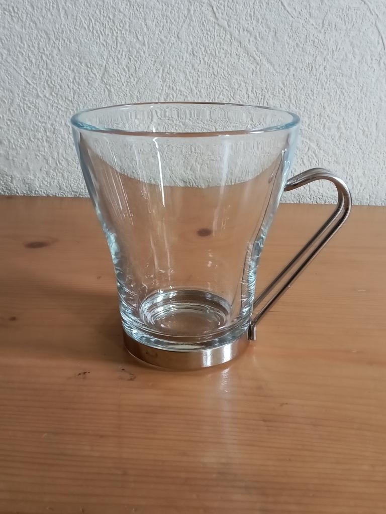 6 Vintage Vitrosax Italy theeglazen met RVS houder, Ophalen of Verzenden, Glas, Overige stijlen, Glas of Glazen