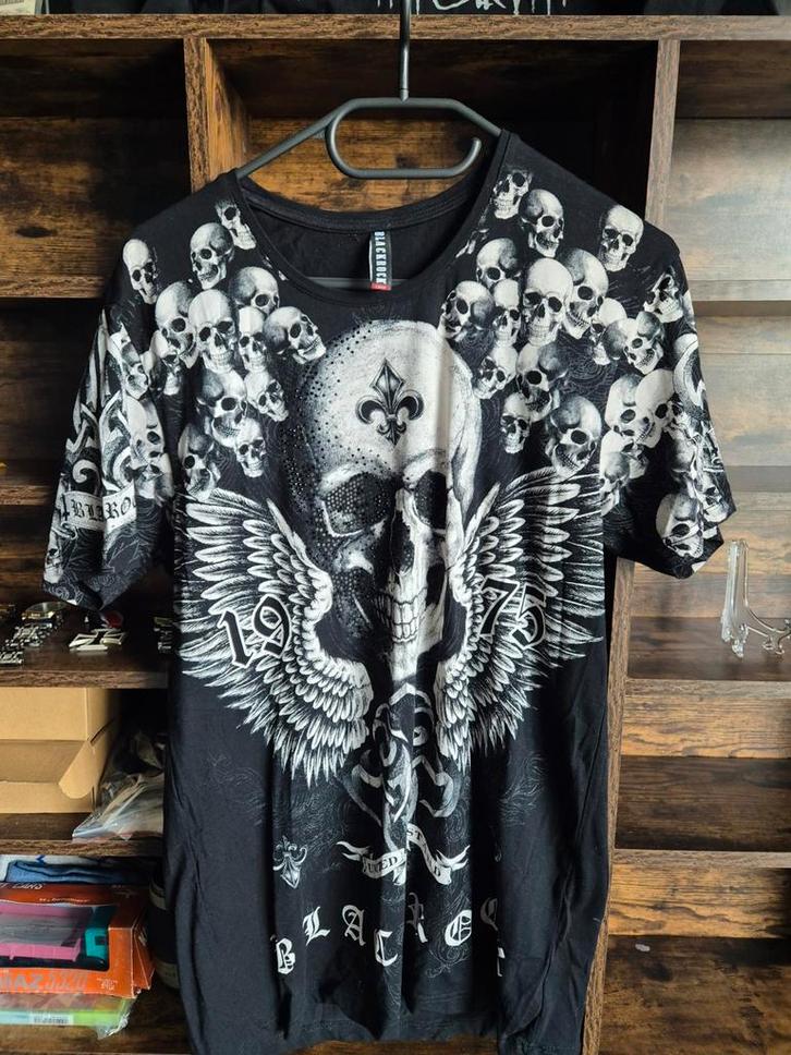 Y2K Affliction Stijl Skull T-shirt - Zwart met Vleugels, Kleding | Heren, T-shirts, Gedragen, Maat 52/54 (L), Zwart, Ophalen of Verzenden