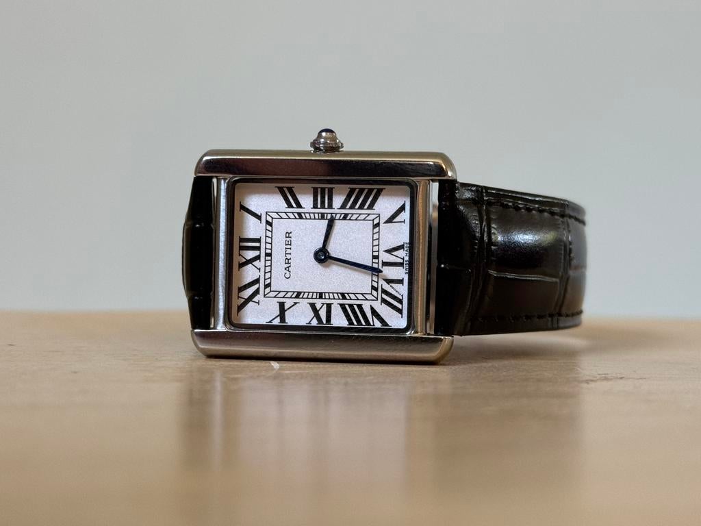 Cartier Tank Midzie Staal 34mm, Overige merken, Leer, Staal, Polshorloge