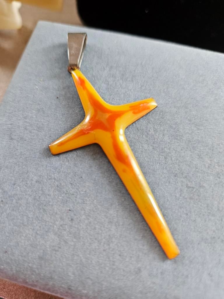 Vintage Emaille Kettinghanger Koper Kruis 7x3 cm, Overige materialen, Gebruikt, Oranje, Ophalen of Verzenden