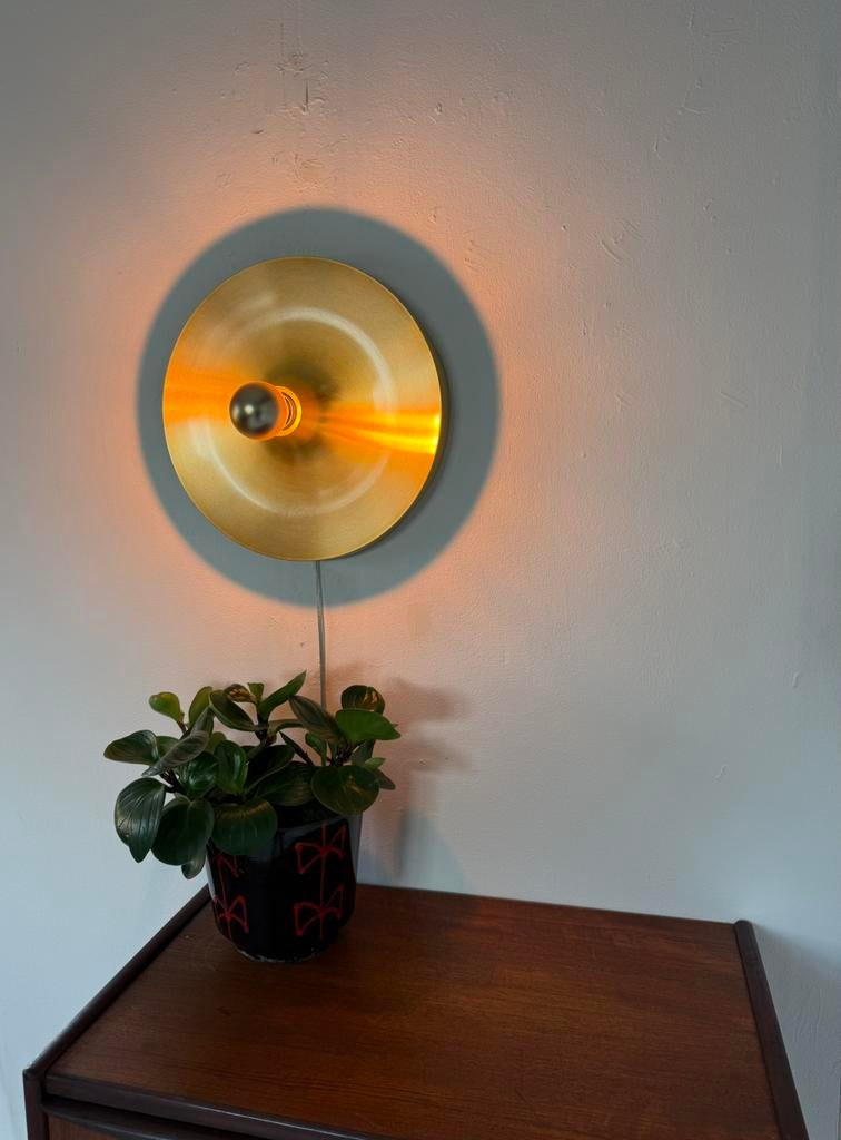 Vintage space age ‘Disc’ wandlamp, Honsel ‘70, Ophalen of Verzenden, Zo goed als nieuw, Metaal, Vintage retro buisframe design rotan webbing papercord deens