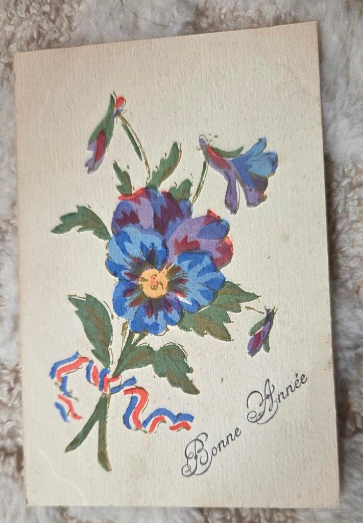 Antieke Franse nieuwjaarskaart - viooltjes, Verzamelen, Ansichtkaarten | Themakaarten, Verzenden, Voor 1920, Gelopen, Overige thema's