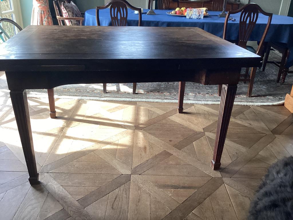 Grote antieke mahonie uittrekbare eettafel, Ophalen, Gebruikt, 100 tot 150 cm, 75 cm of meer