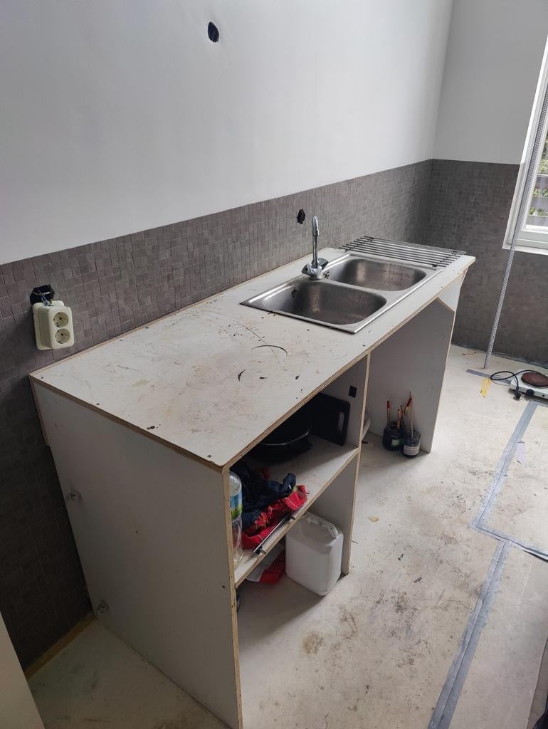 Keukenblokje met dubbele spoelbak, Ophalen, Wit, Enkelwandige keuken