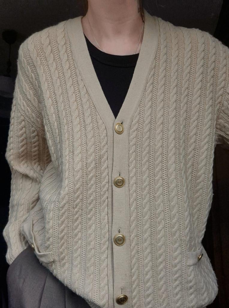 Vintage kabel gebreid wollen vest, Ophalen of Verzenden, Zo goed als nieuw, Maat 42/44 (L), Beige