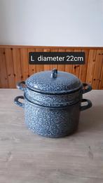 EMAILLE GRIJSGEWOLKTE STOOMPAN DIAMETER 22CM., Ophalen of Verzenden