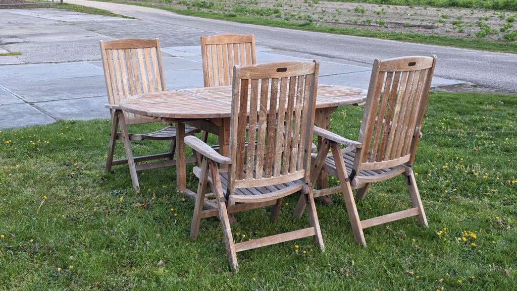 5-delige teakhouten tuinset – verstelbaar & inklapbaar, Ophalen, 4 zitplaatsen, Hardhout, Tuinset
