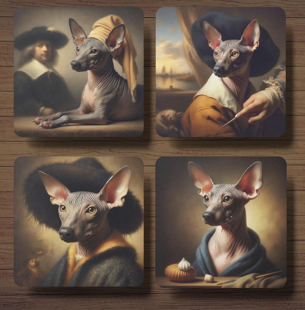 Peruaanse Naakthond Rembrandt stijl onderzetters met houder, Huis en Inrichting, Ophalen of Verzenden, Nieuw, Glas of Kopje